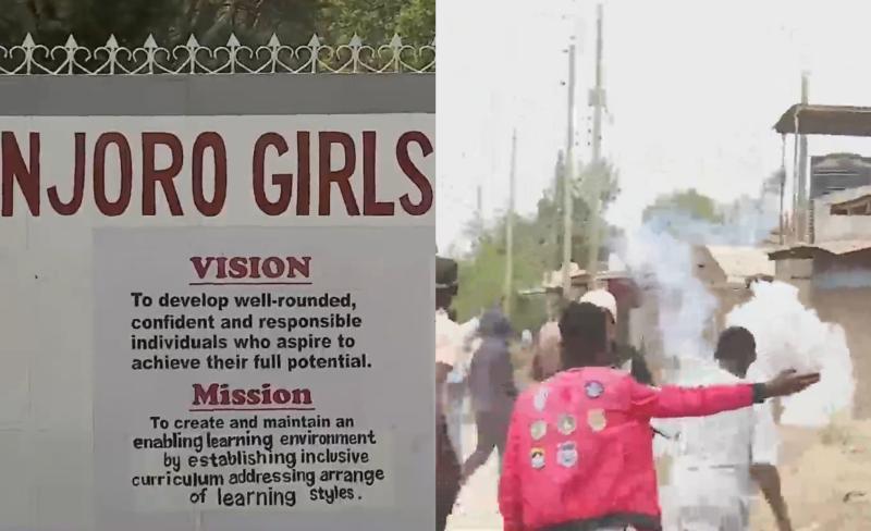 Collage photo of Njoro Girls High School and residents protesting.
